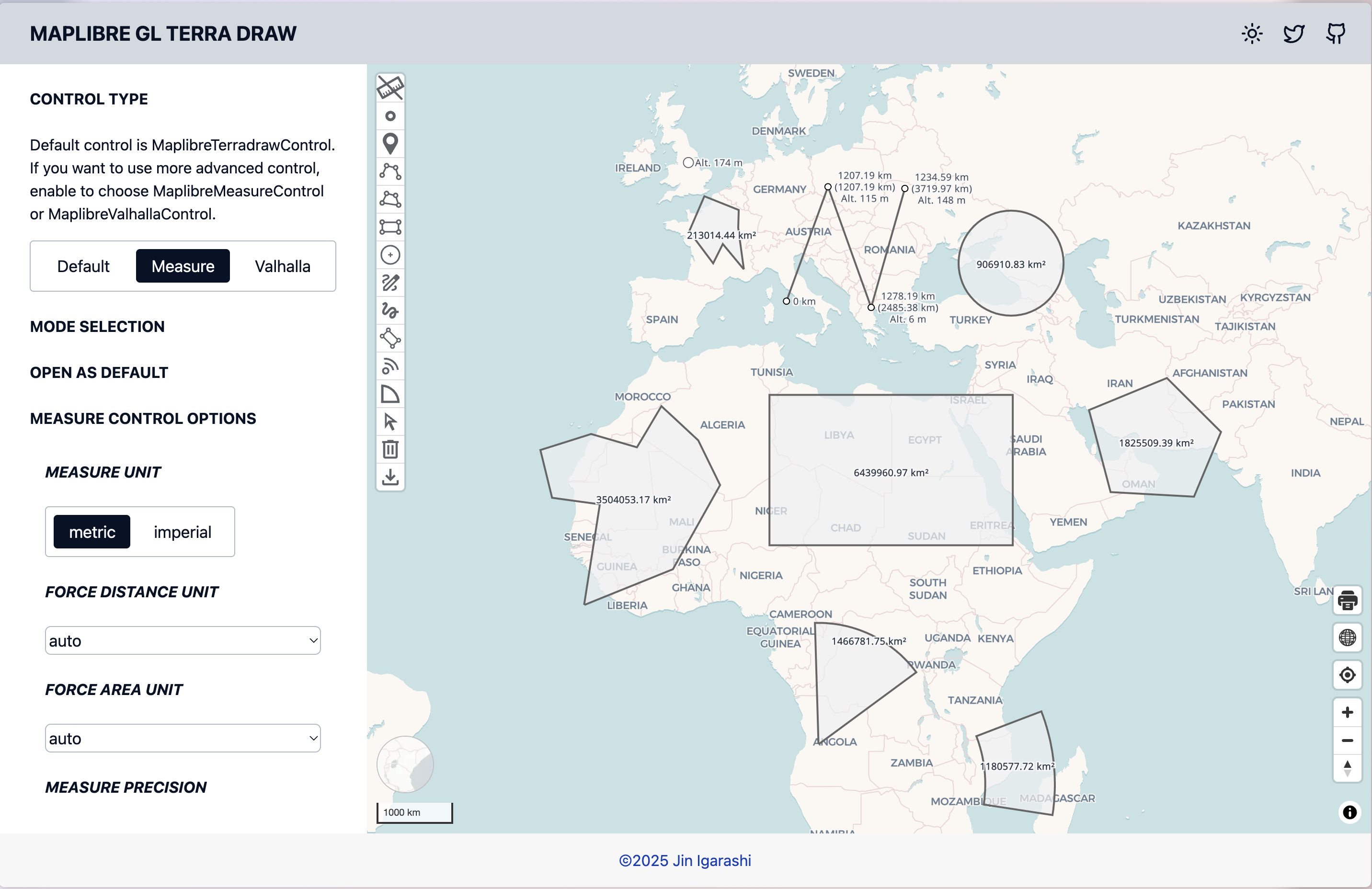 MaplibreMeasureControl for measuring distance, area and altitude